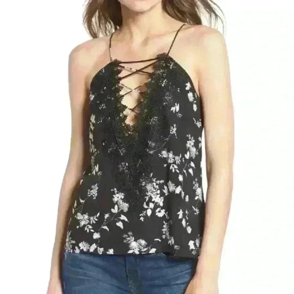 WAYF Women's Black Floral Posie Strappy Camisole, Size Small Where Are You From